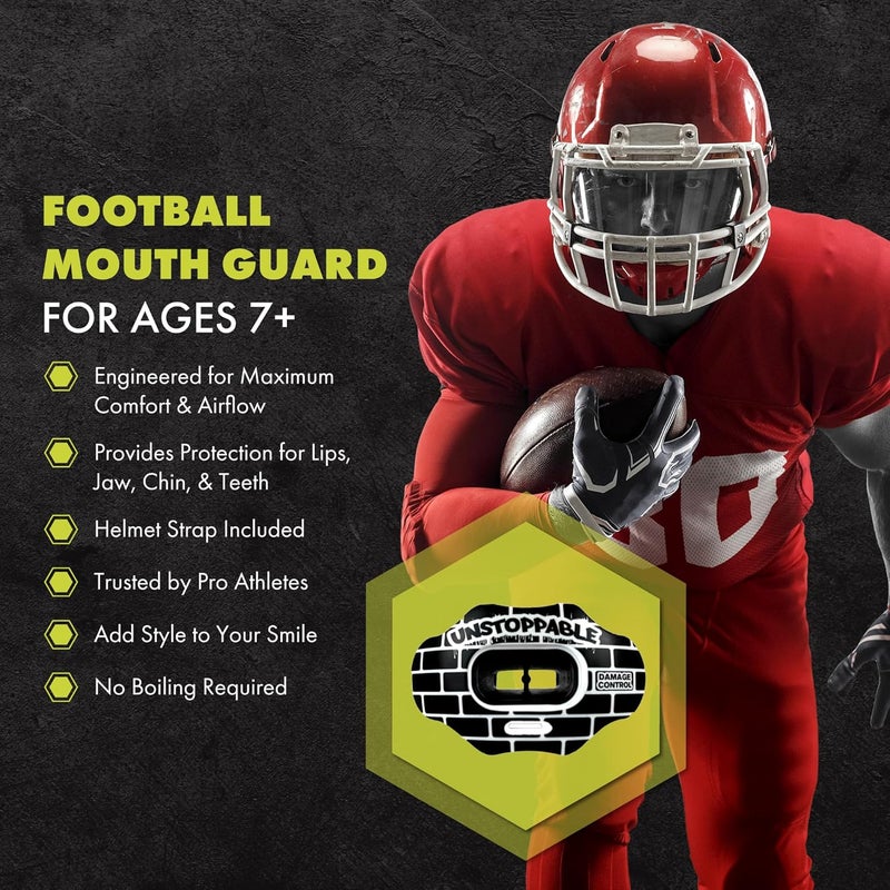 DAMAGE CONTROL Youth Football Mouth Guard – Breathable No Boil Mouthpiece, Protects Lips & Teeth, Works with Braces, Includes Helmet Strap – Sports Gear & Accessories (Unstoppable) - Image 2